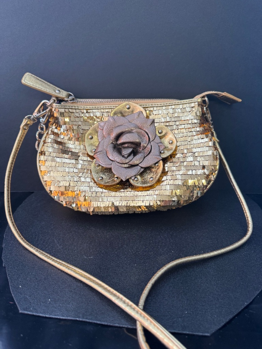 Sharif New York Gold Sequin Shoulder Bag Floral Appliqué Evening Y2K